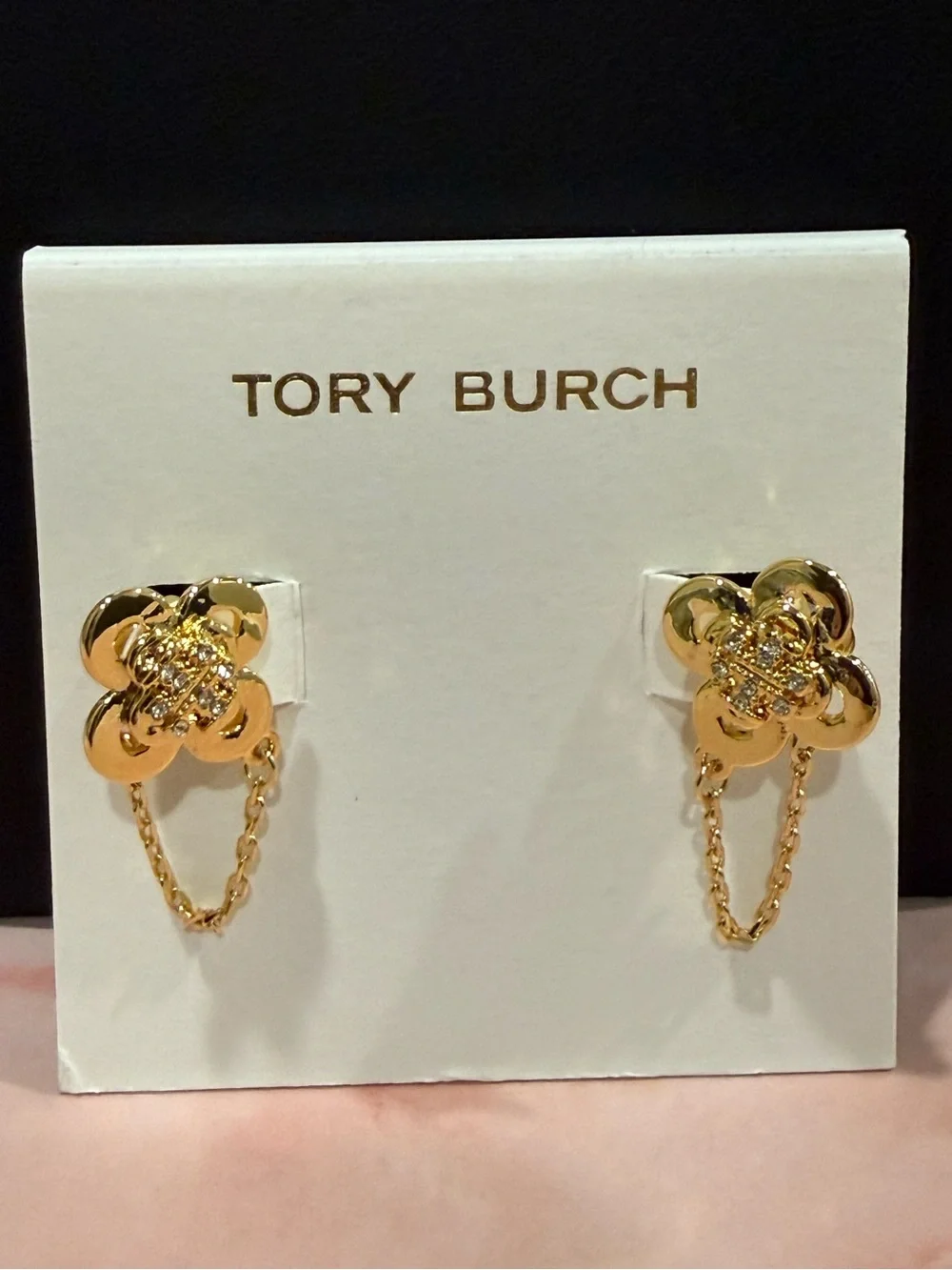 Tory Burch | Gold Plated & Pave Icon & Flower Chain Stud Earrings | Small